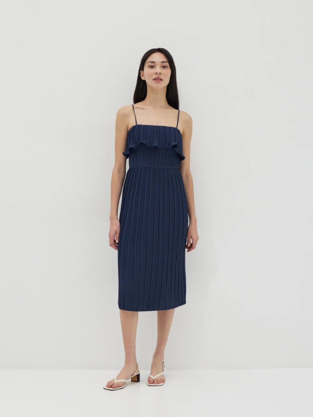 Navy Braylee Frill Pleated Column Dress